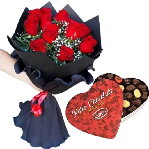 Ramo de flores rosas importadas con bombones lata corazon 